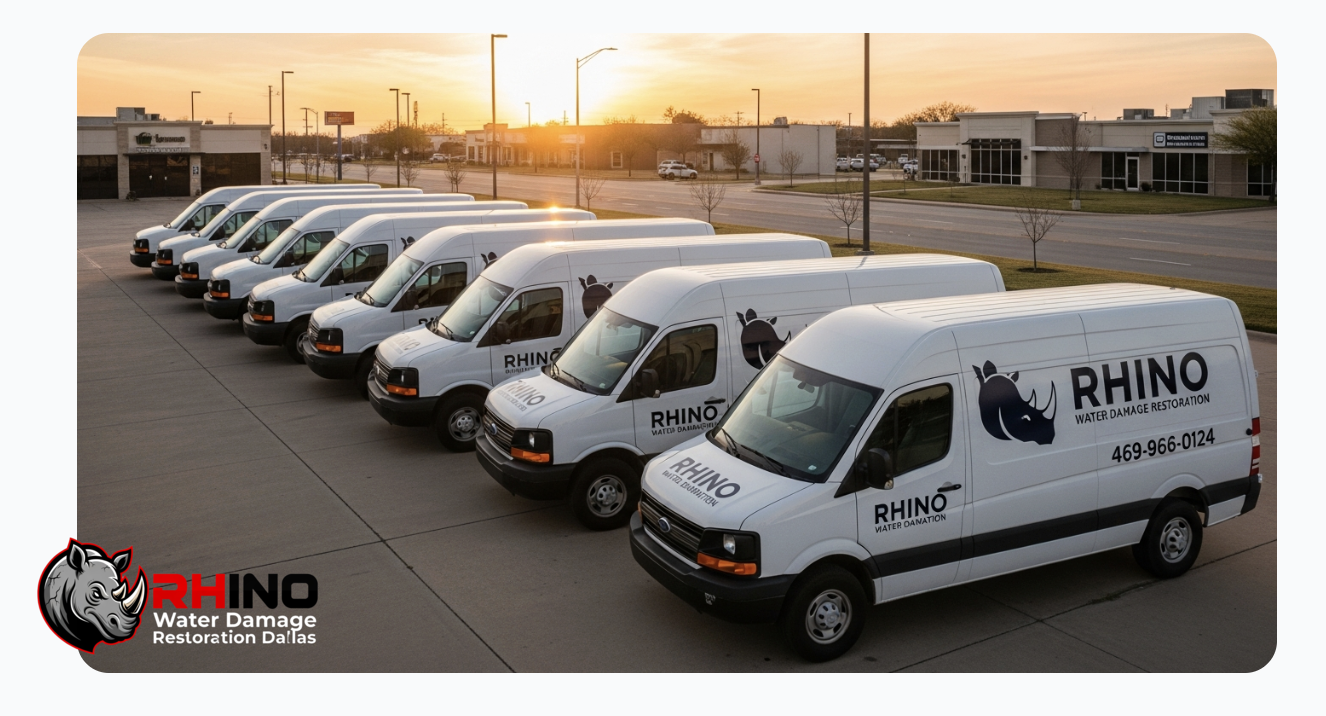 Rhino Water Damage Restoration fleet of service vehicles Dallas TX