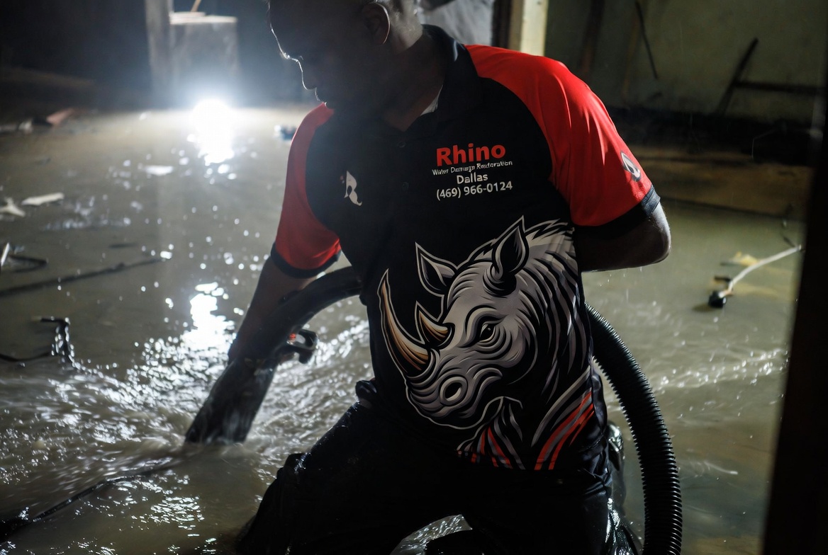 Rhino technician performing water extraction Dallas TX